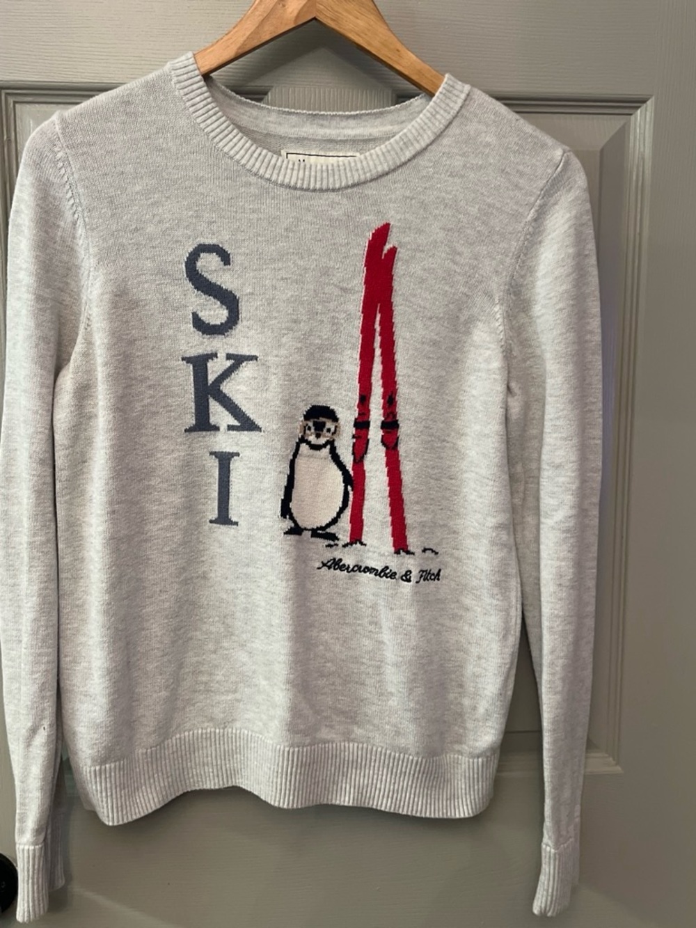 Abercrombie & Fitch Light Gray Crewneck Sweater with Penguin & Red Skis